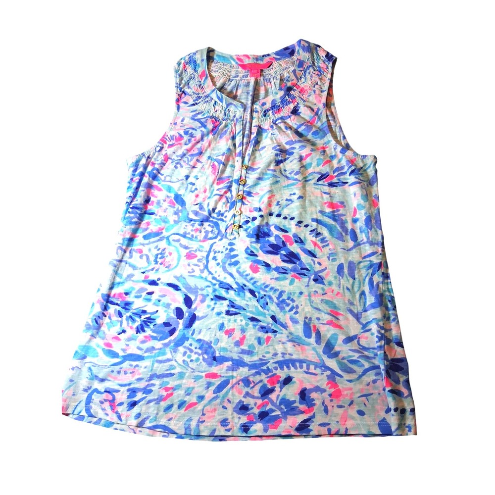 Lilly Pulitzer Blue Pink Paisley Smocked Sleeveless Button Top Womens Medium